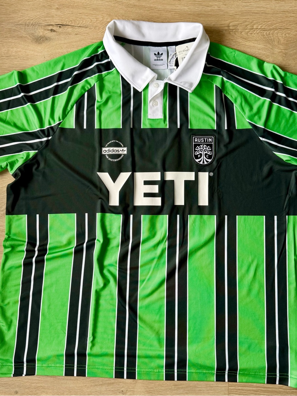 Austin FC Black and Green Striped Soccer Jersey with White Collar- No Comply